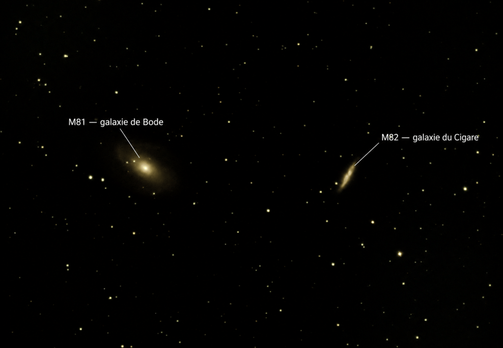 Photographie personnelle annotée du couple de galaxies M81 et M82 : M81 est repérée à gauche et M82 à droite