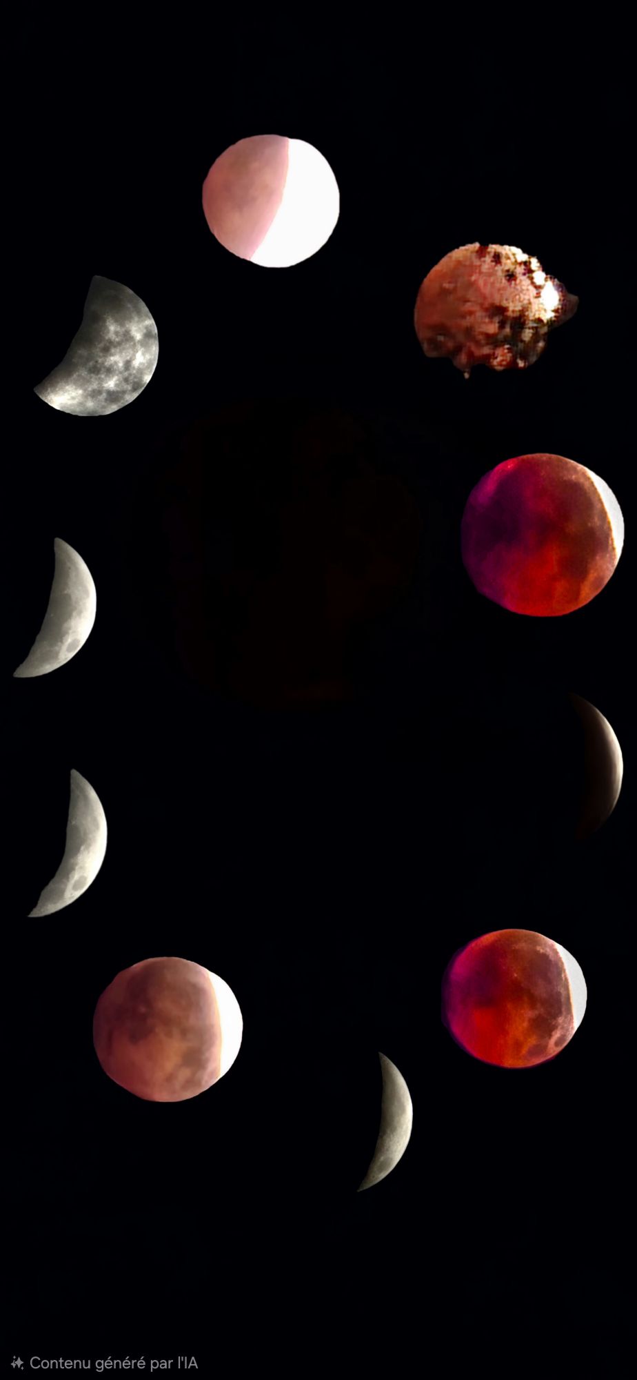 Montage réunissant plusieurs étapes de l’éclipse partielle de Lune photographiées au téléphone